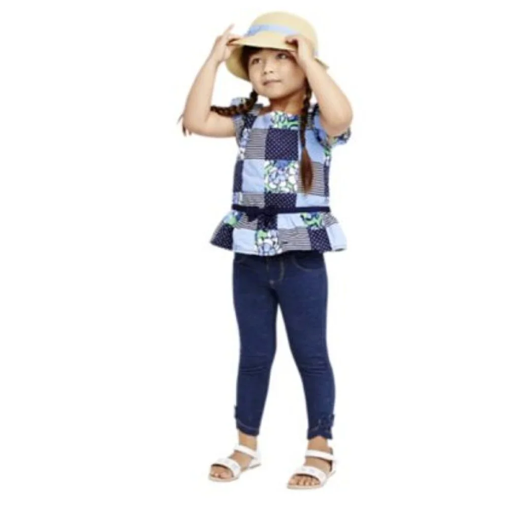 Gymboree Baby Girls Spring Prep Patchwork Blue Floral Ruffle Hem Top 12–18M